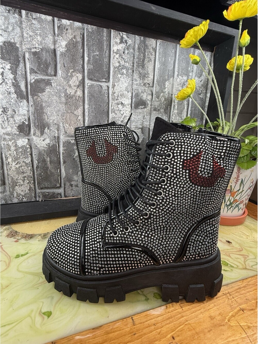 True Religion GEE Studded Combat Ankle Boots Lace-Up Zip Platform Logo 7 - Picture 2 of 15